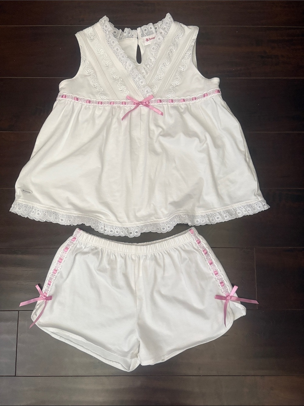 American Girl White Eyelet Lace Tank Top with Pink Logo 7/8